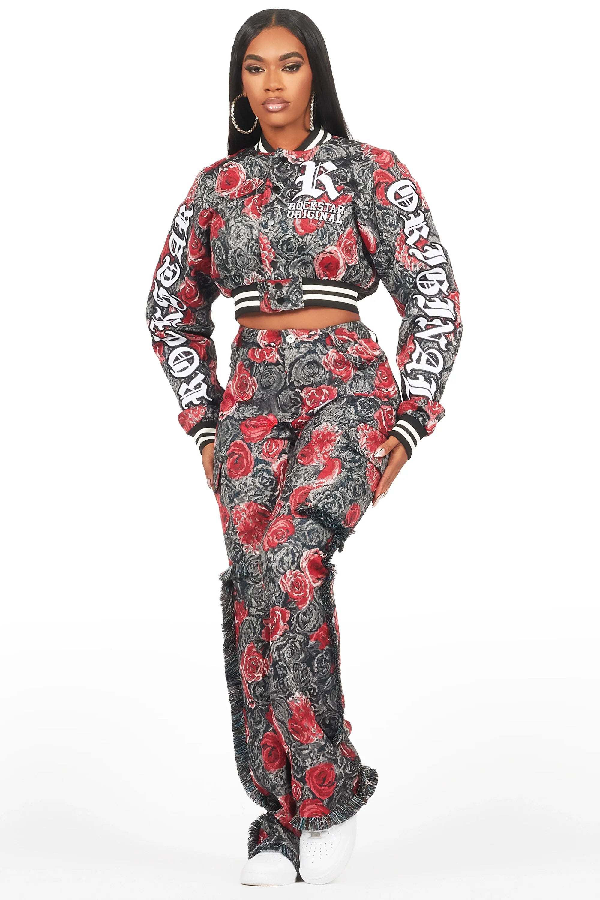 Darresha Black/Red Crop Tapestry Varsity Jacket