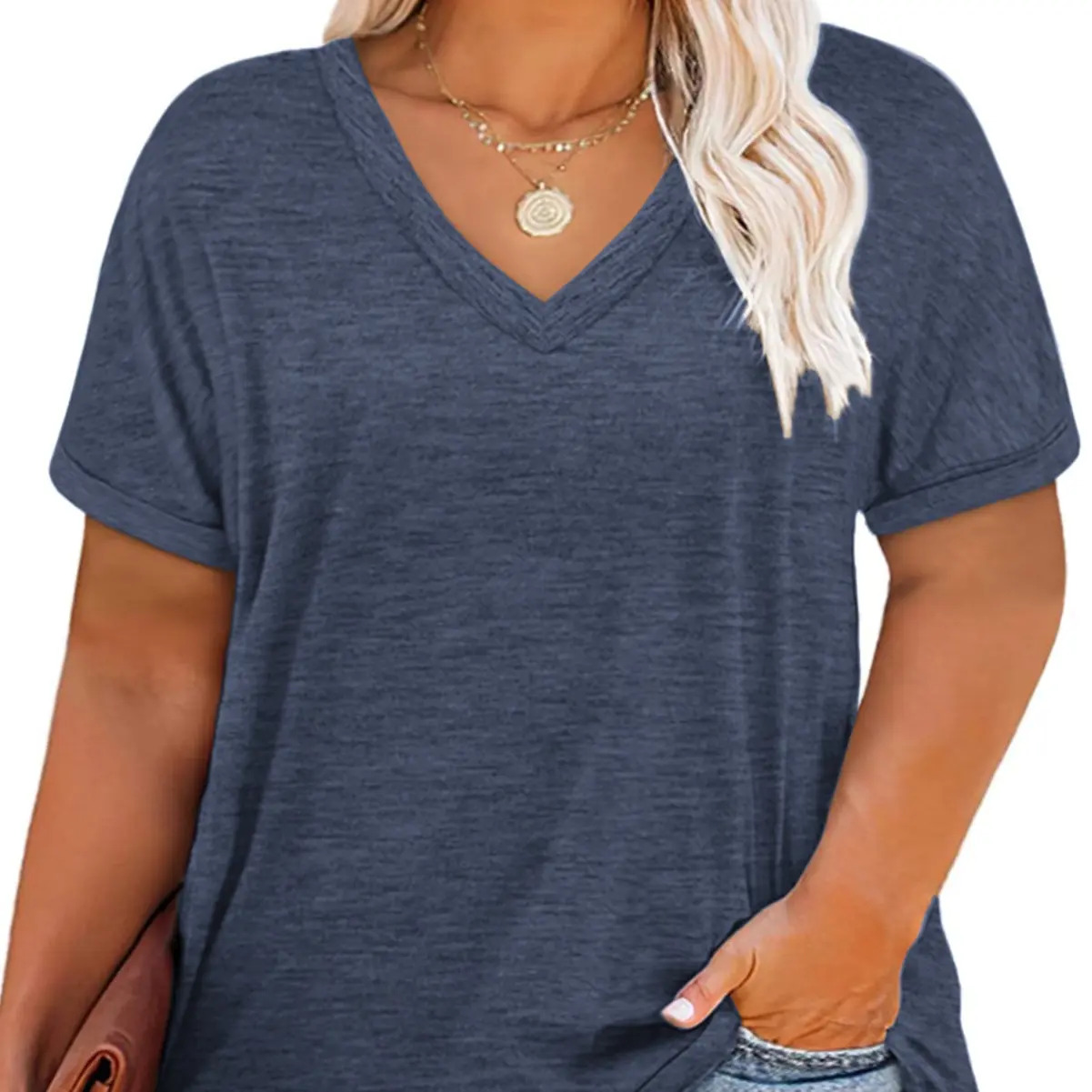 Women's Plus-Size V-Neck Short-Sleeve T-Shirt — Casual, Loose-Fit Summer Top — Soft, Breathable Basic Tee