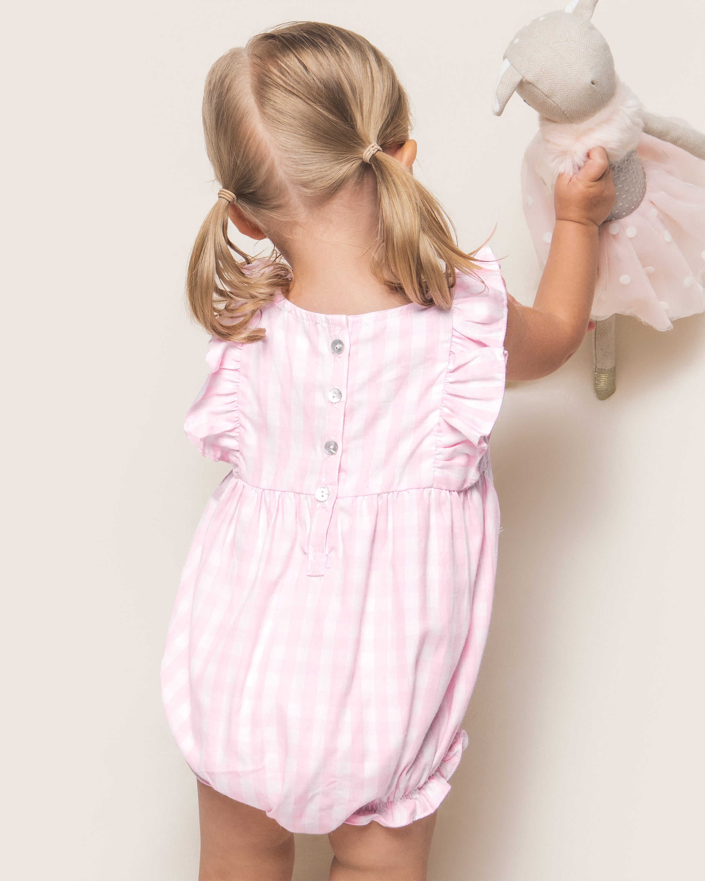Baby's Twill Ruffled Romper in Pink Gingham