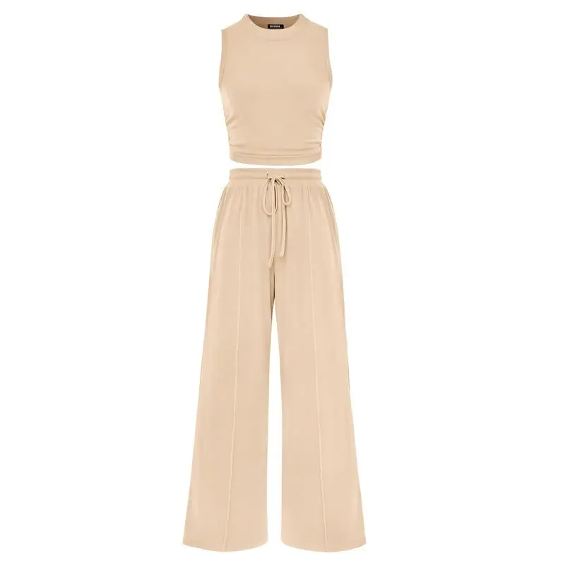 Women's 2-Piece Ribbed Knit Sleeveless Cropped Top & Wide Leg Pants
