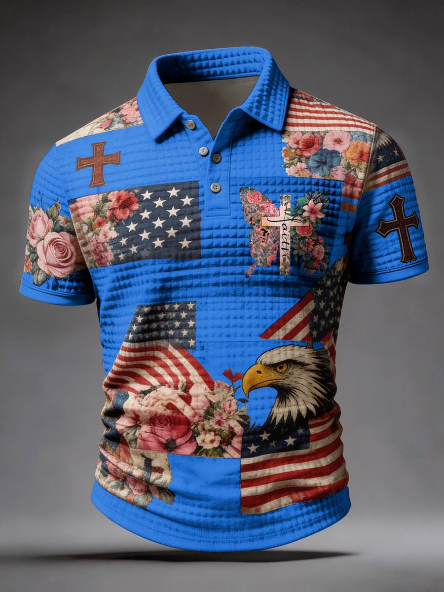 Patchwork American Flag Eagle Faith Cross Waffle Polo Shirt