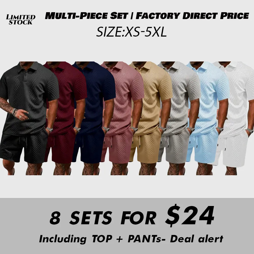 Men's Summer Casual Textured Polo Shirt and Shorts Two-Piece Set