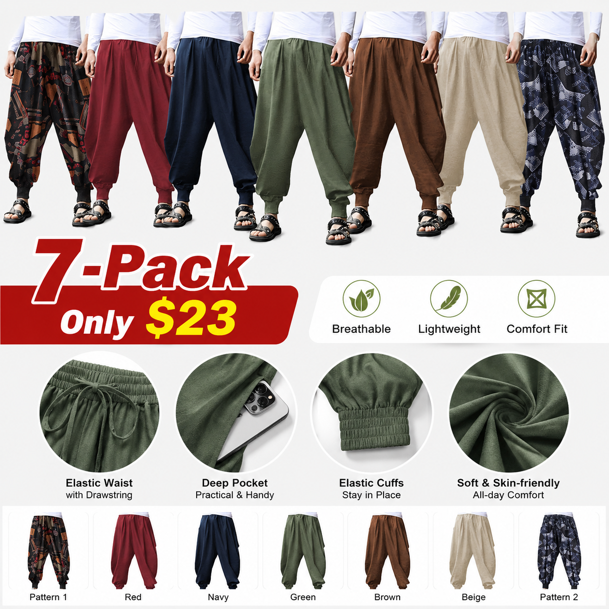 Men's Harem Pants – Baggy Drop Crotch Linen Boho Yoga Casual Trousers