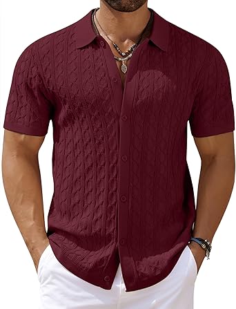 Mens Knit Button Down Shirt Short Sleeve Summer Casual Shirts Vintage Beach Vacation Shirts