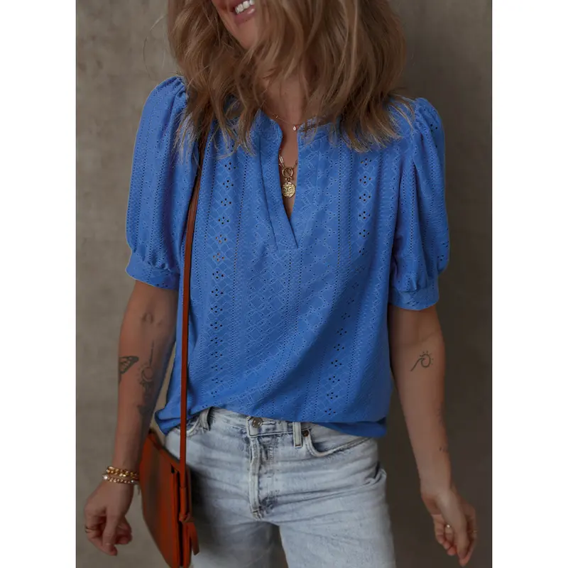 Women's Summer Business Casual Blouses V Neck Short Sleeve Shirts Hollow Out Cute Lace Tops Loose Fit Breathable Fabric
