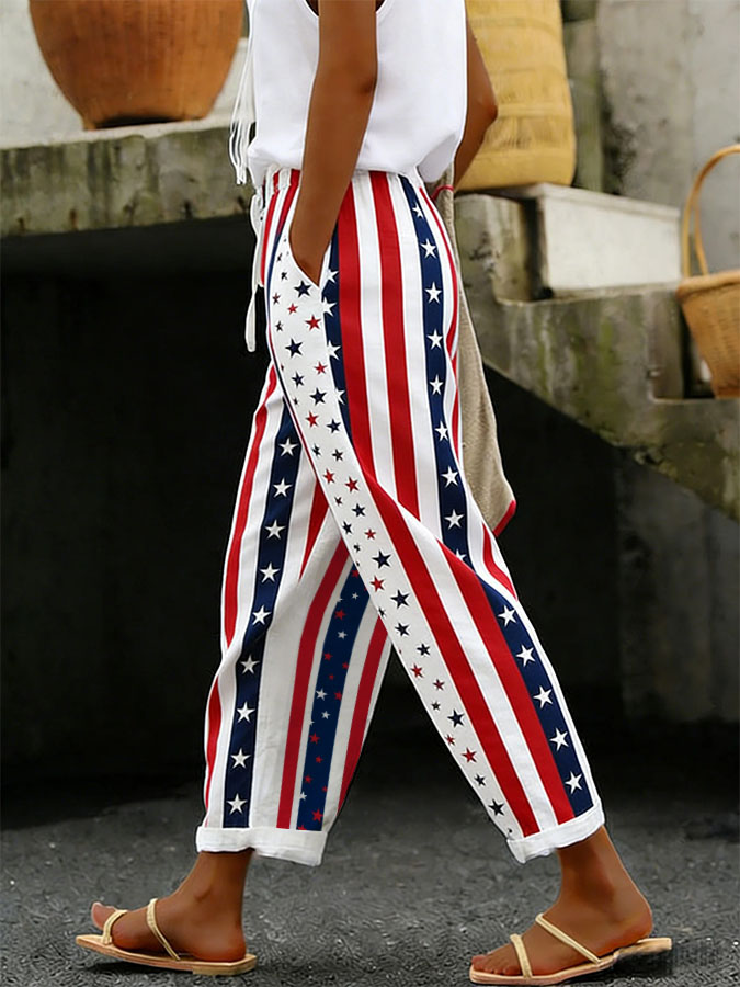 Women'S American Flag Independence Day 250Th Anniversary Printed Cotton And Hemp Casual Pants