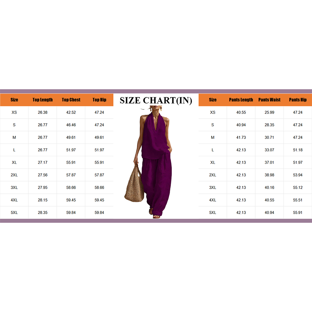 Women's Halter Neck Linen Two Piece Outfit – Casual Sleeveless Top and Wide Leg Pants Set