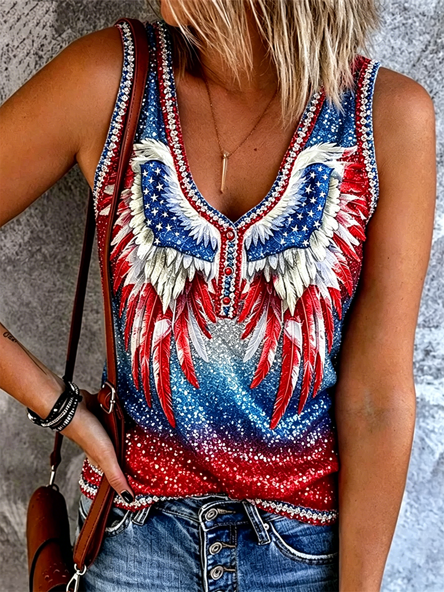 Women's Independence Day Sparkly Wings Print Casual Tank Top