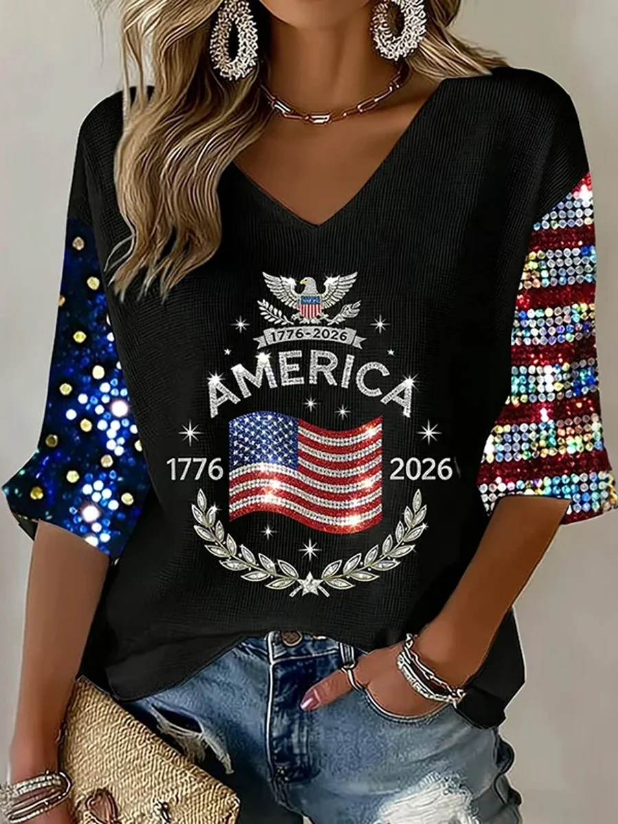 Ladies' Leisure 250Th Anniversary Celebration: Personalized Glitter Printed V-Neck Top Established In The United States