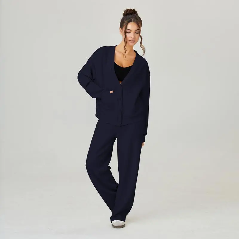 Women's Minimalist Solid Color V Neck Long Sleeve Button Cardigan & Drawstring Waist Trousers Co-ord, Soft Fall & Winter Two Piece Outfits
