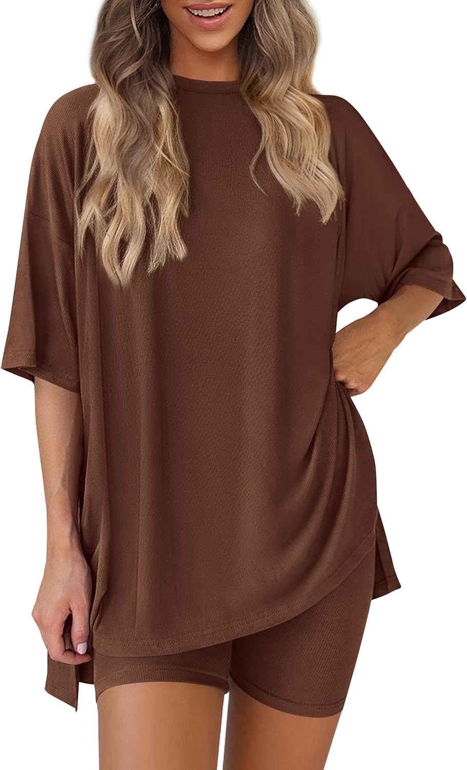 Women 2 Piece Lounge Set 2026 Summer Casual Oversized Shirts Biker Shorts Matching Airport Travel Outfit Clothes