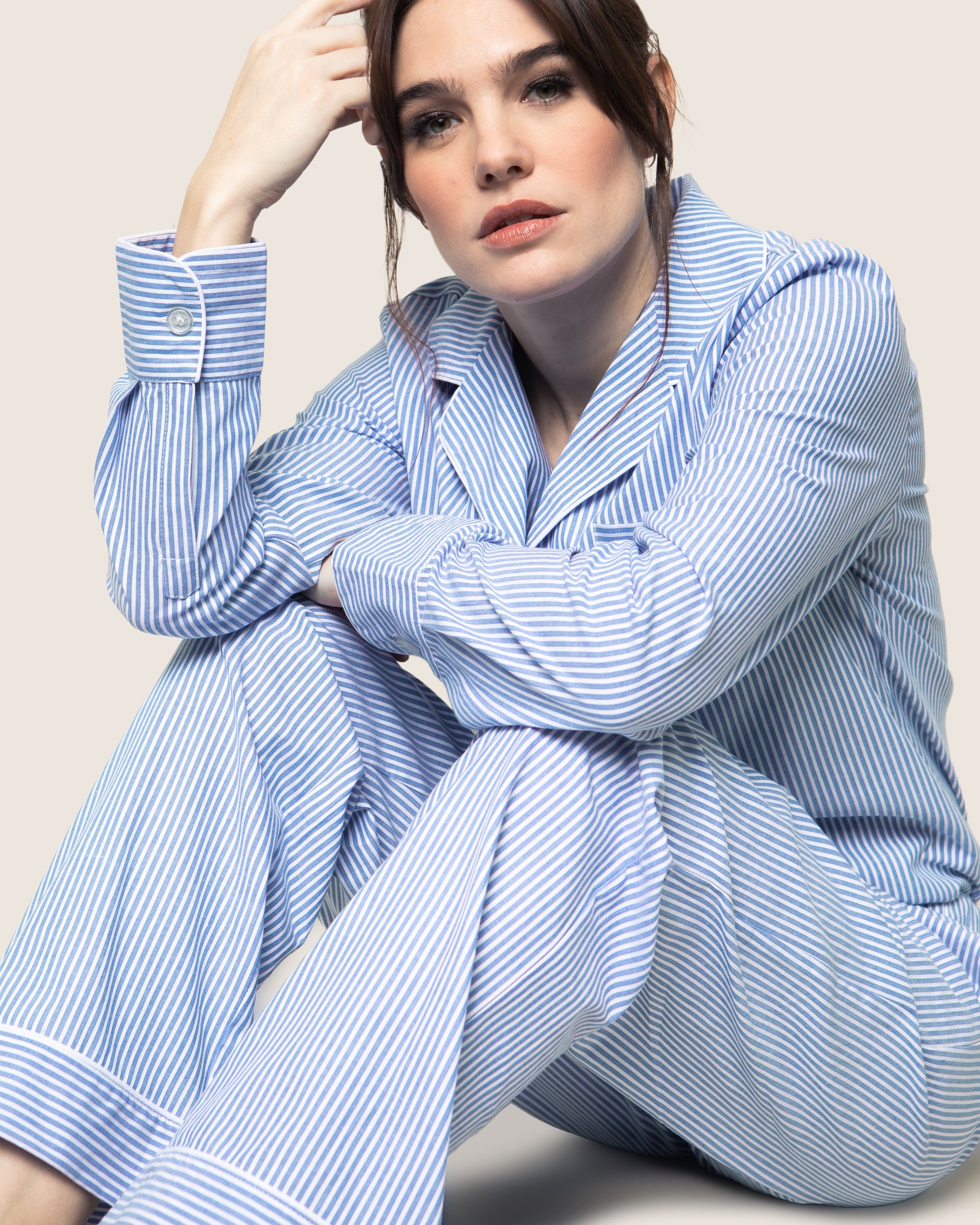 Women's Twill Pajama Set in French Blue Heritage Stripe
