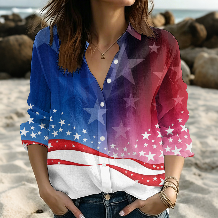 Women's American Flag Flower Independence Day Printed Casual Shirt