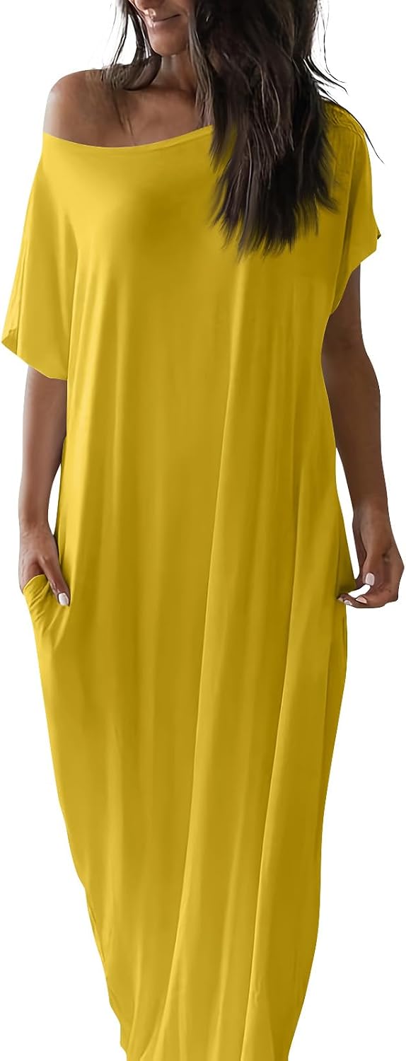 Womens Off the Shoulder Dress Batwing Short Sleeve Long Tshirt Dress with Pockets Casual Summer Loose Lounge Dresses