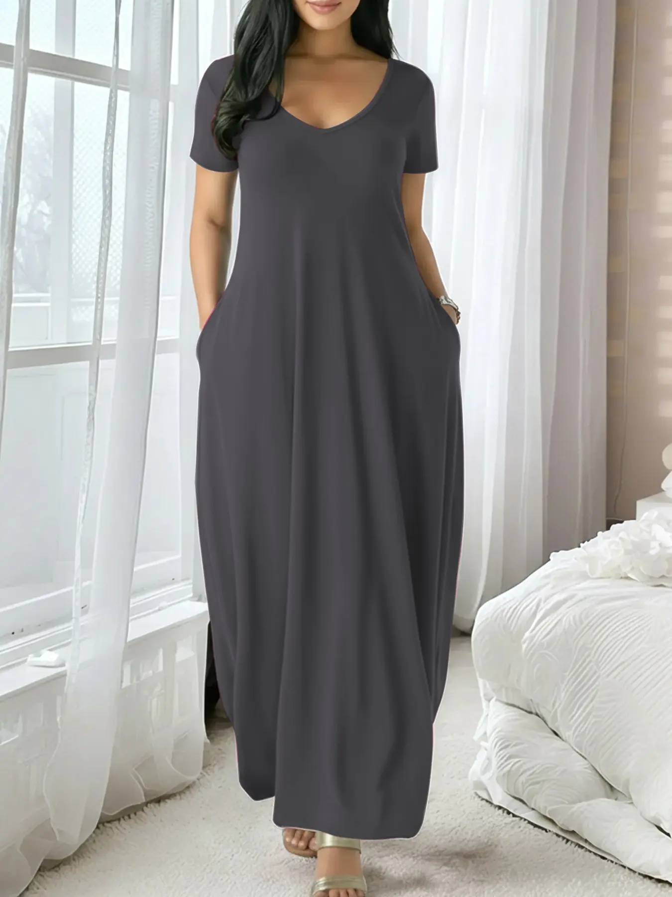 🔥🔥 Last Chance! 6 Pieces for $24.9, Today Only! 🔥Women's Long Coffee Color Dress, Casual Fitted Style, Large Round Neck Short Sleeve Pocket Sleepwear, Soft Fabric All Seasons Wear