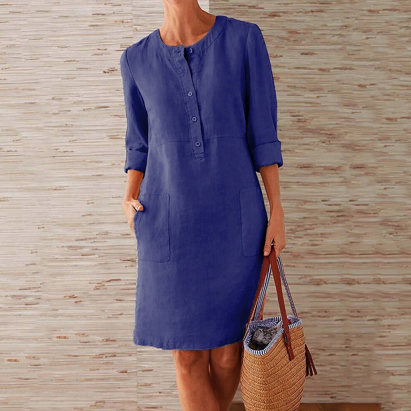 Spring NEW round Neck Solid Color Long Sleeve Dress
