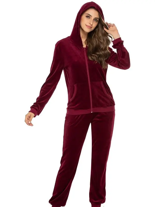 Women's Casual Velour Tracksuit Set Full Zipper Hoodie & Workout Pants Velvet