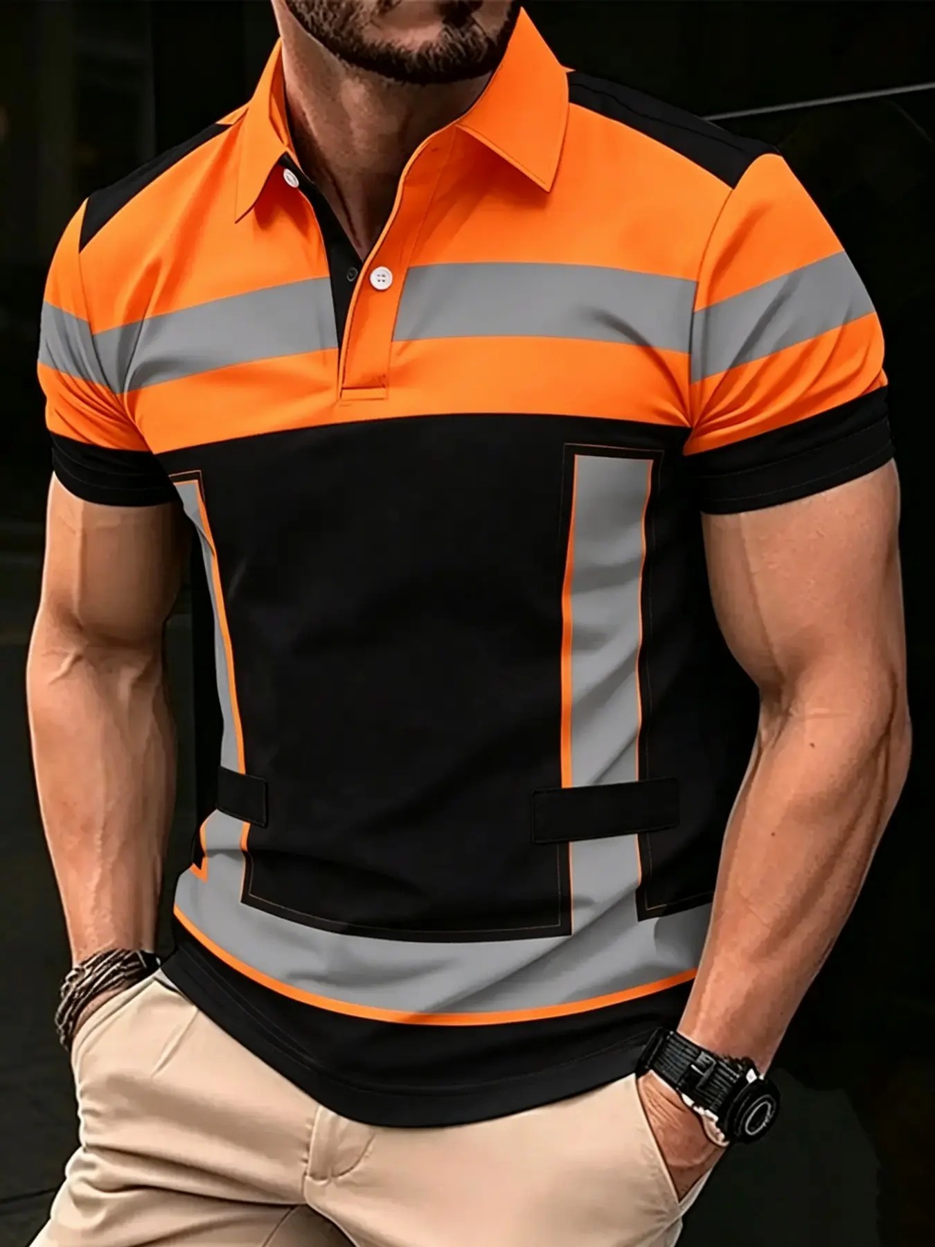 Men's 3D Print Striped Golf Polo Shirt – Fitted Short Sleeve Summer Top