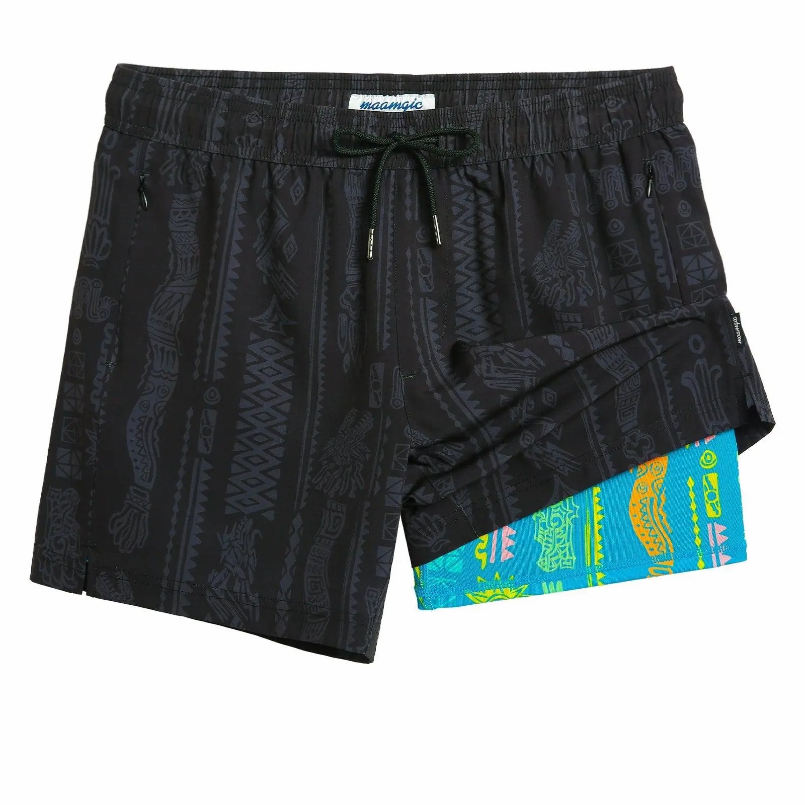 2 in 1 Stretch Short Lined Black Mayan Gym Shorts, Breathable Comfort Workout Athletic Training Shorts with Phone Pockets