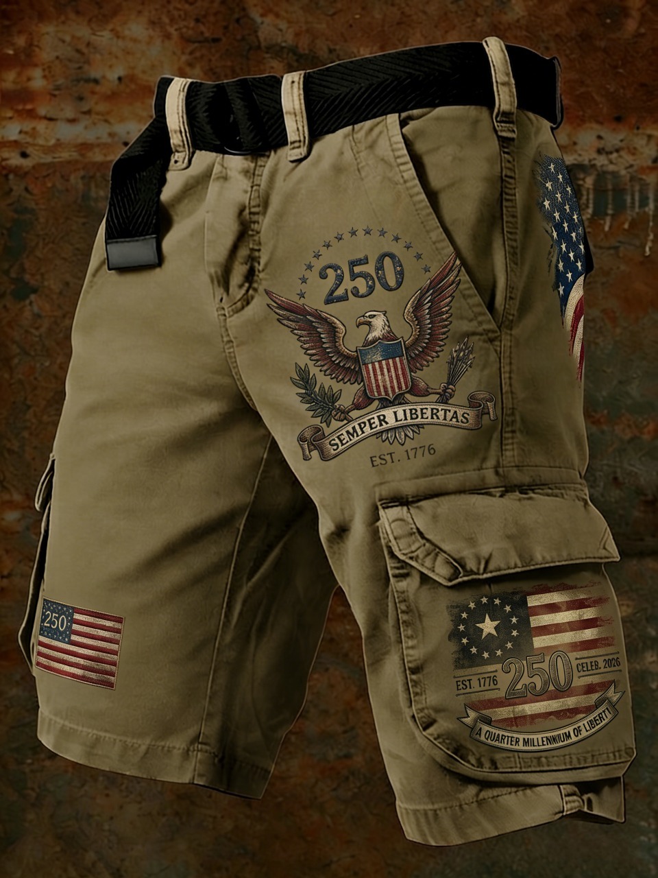 Men's Anniversary American Flag Eagle Print Denim-Like Cargo Shorts
