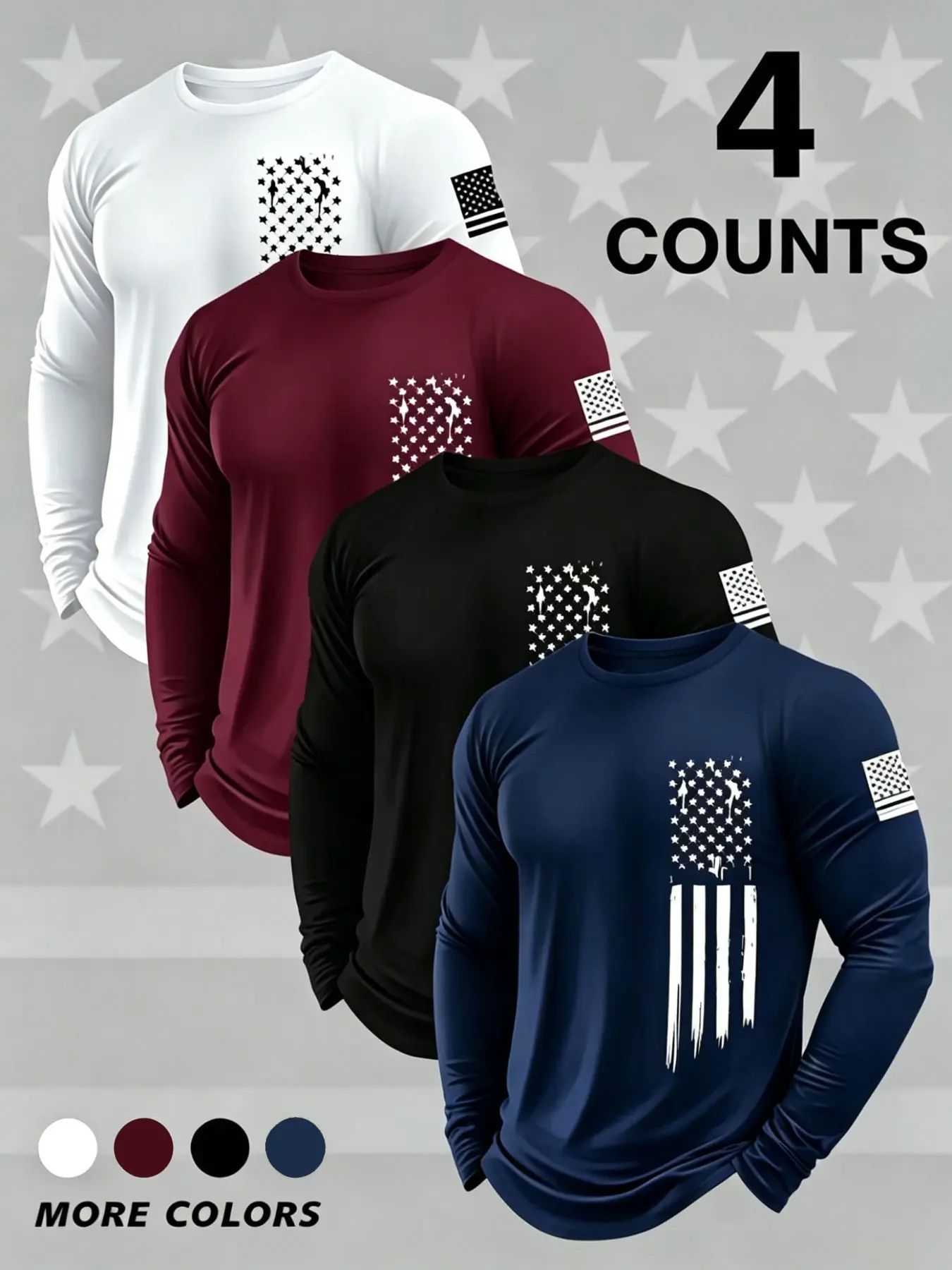 Men's Round Neck Long Sleeve T-Shirts, Casual Knitwear Top, Slight Stretch, Flag Print, Quick Dry, Gym, Running, Outdoor Activities