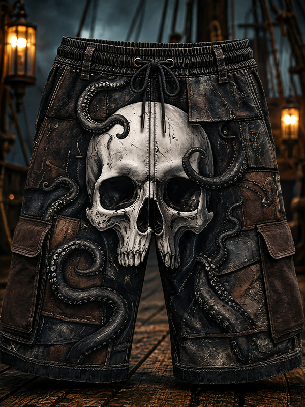 Men's Dark Skull And Octopus Art Print Casual Shorts