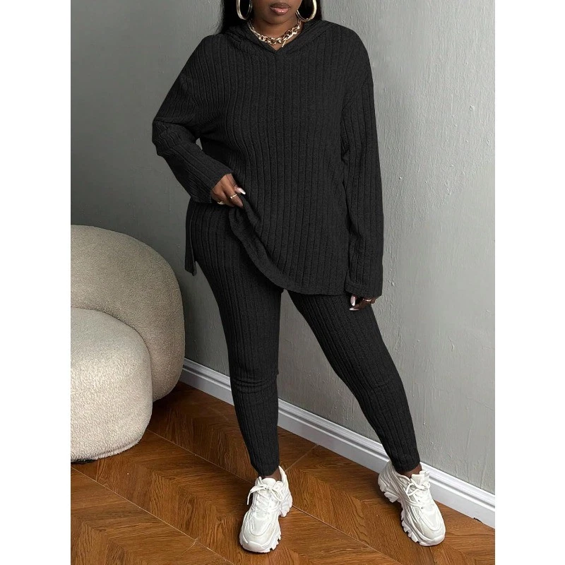 [Plus Size]Women's Two-Piece Set Solid Textured Ribbed Drop Shoulder Hoodie & Elastic Waist Pants, Casual Fashion Cozy Ribbed Outfits