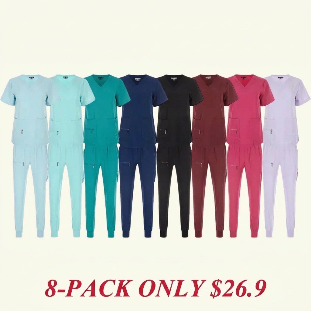 Women's Stretch Jogger Scrubs Set Solid V-Neck Nursing Uniform Quick Dry Breathable