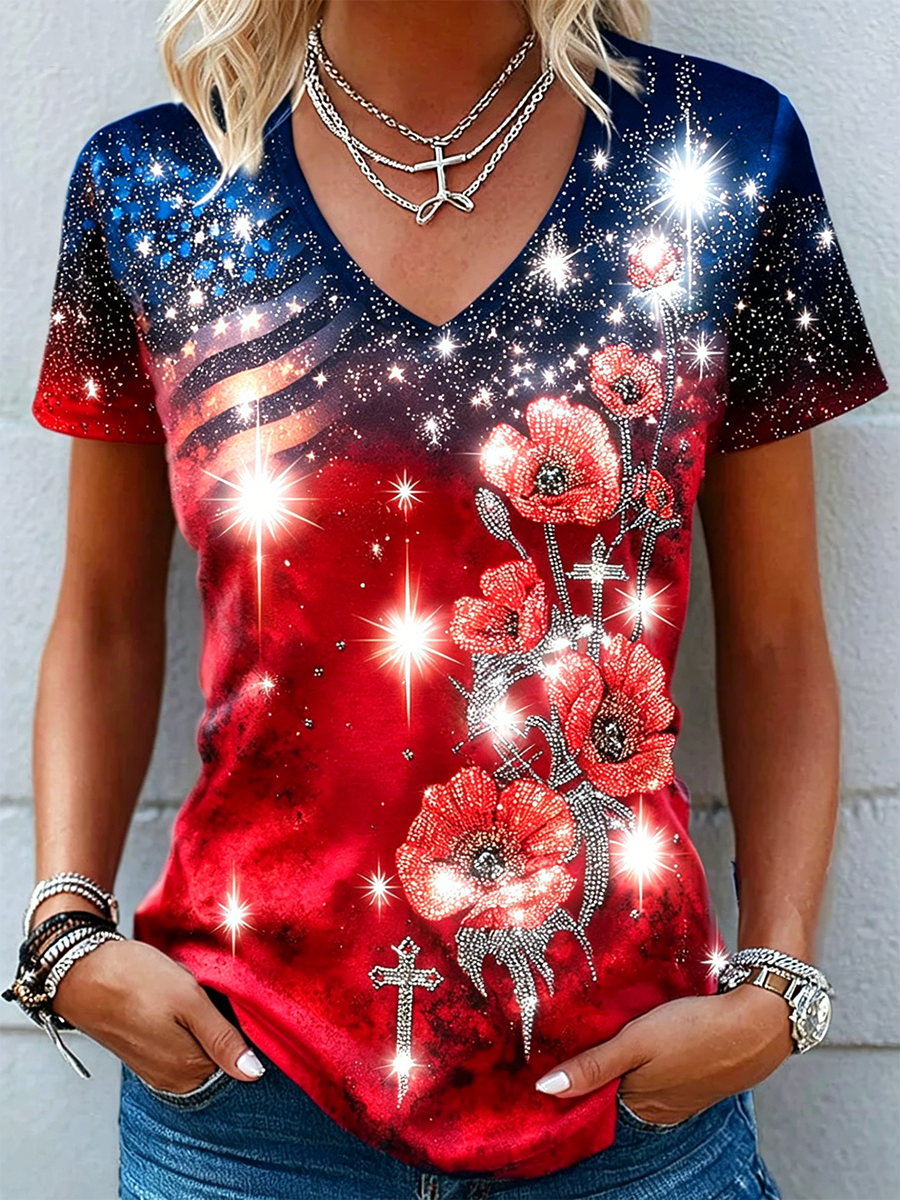 Women's USA Flag Rhinestone Butterfly Cross Rose Art Print Casual T-Shirt