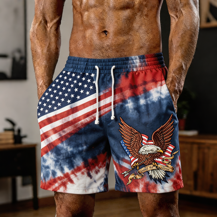 Men's Tie Dye Bald Eagle American Flag Print Shorts