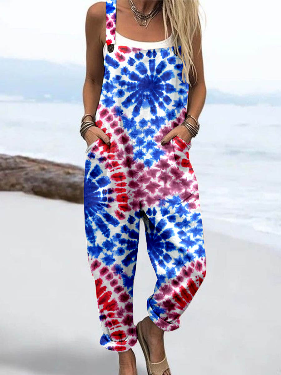 Wome'S Tie-Dye Pattern Print Casual Cotton Wide Leg Jumpsuit