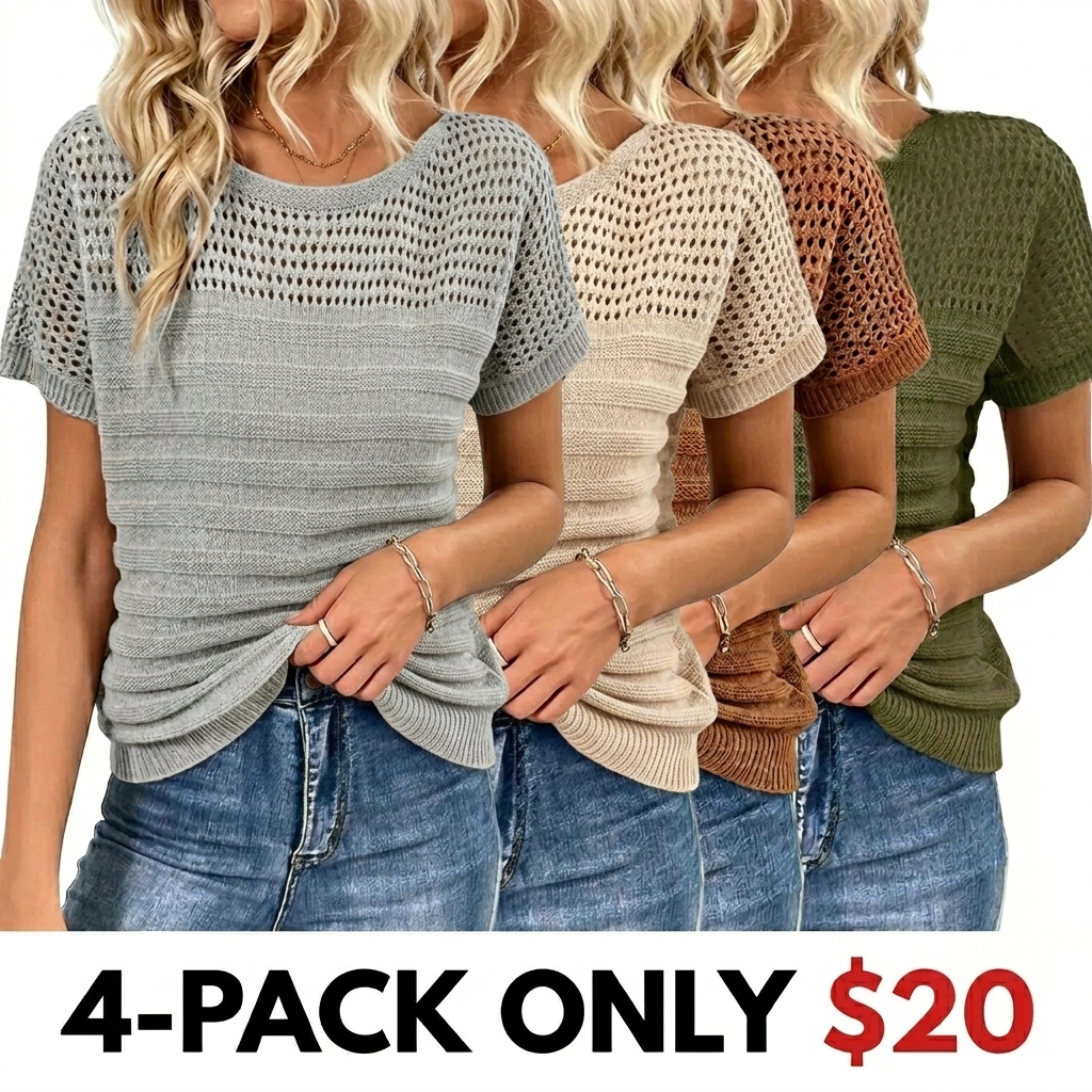 Women's Casual Round Neck Short Sleeve Eyelet Hollow Out Fitted Minimalist White Blouse Cute Tops