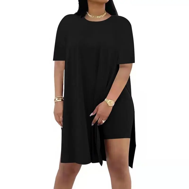 Women Plus Crewneck Short Sleeve Tops and Skinny Biker Shorts Sets