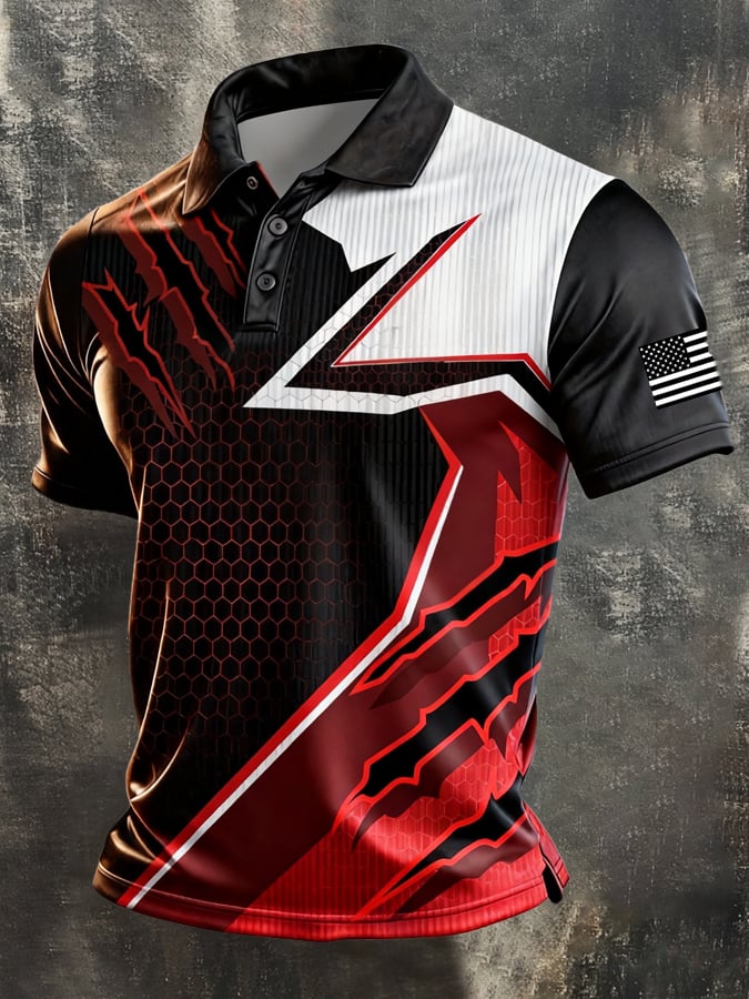 Men's Retro Patriotic Color-Block Short-Sleeve Polo Shirt