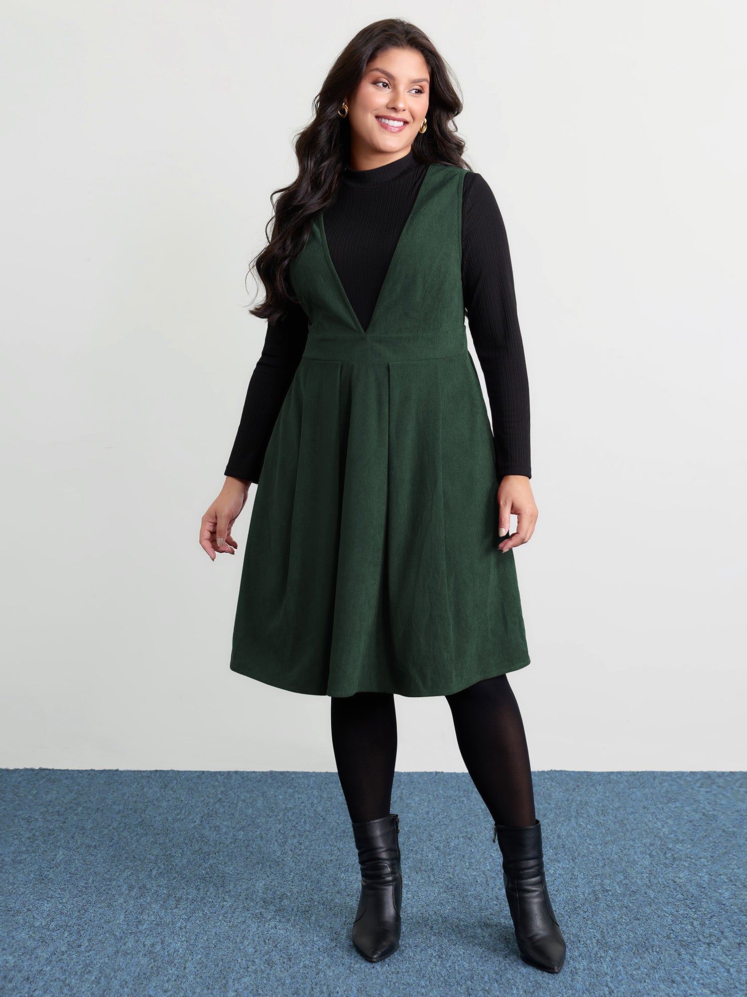 Corduroy Stretchy Waist V-Neck Mini Dress