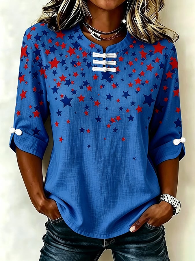 Women's Retro America's 250th Anniversary American Flag Print Button-Up Top