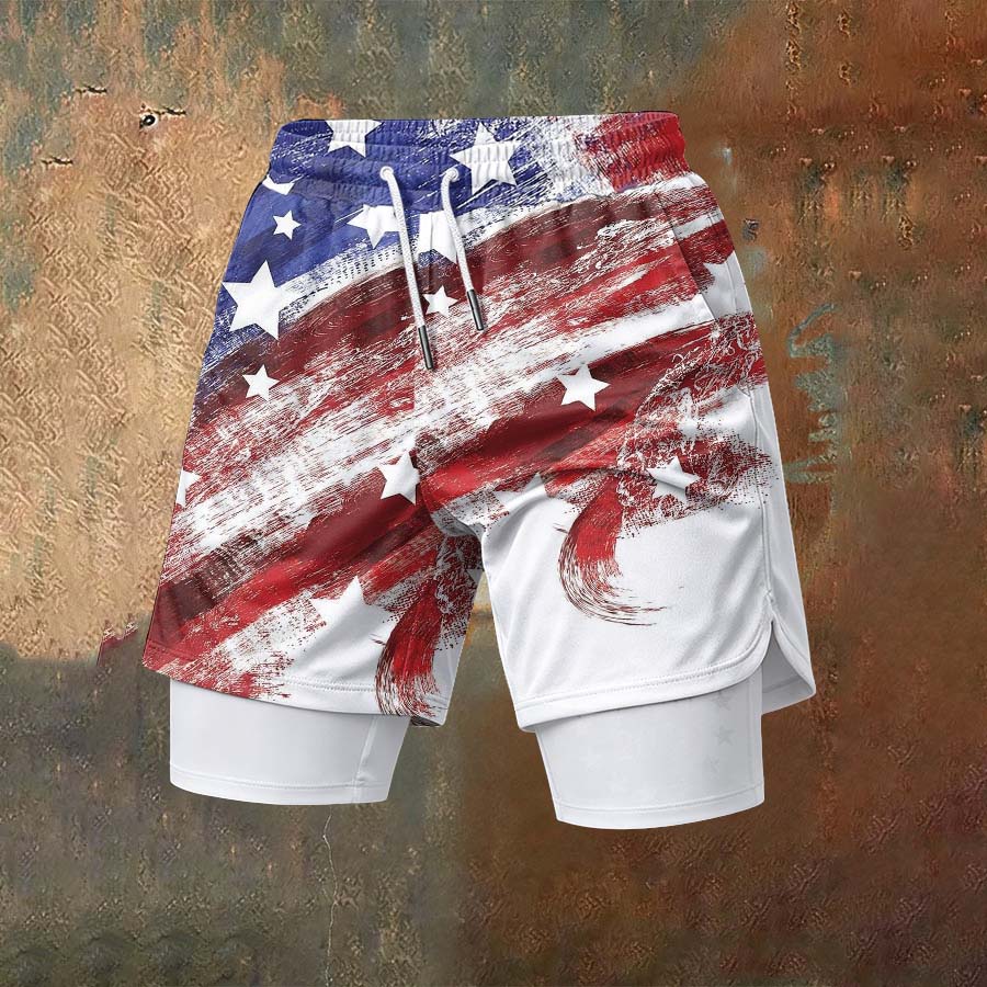Men'S Independence Day Founding Celebration Printed Pattern Slim Fit Double Layer Sports Elastic Belt Quick Drying Breathable Shorts