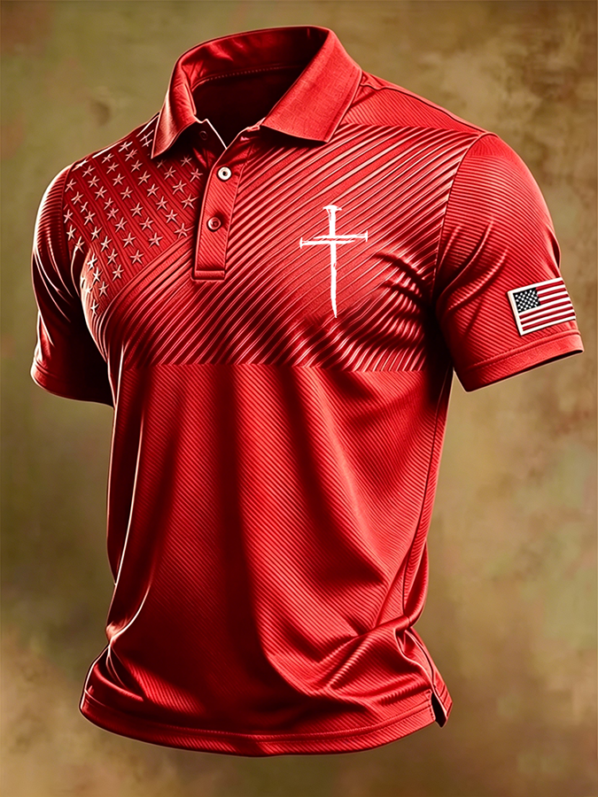 Men'S National Flag And Cross Print Casual Polo Shirt