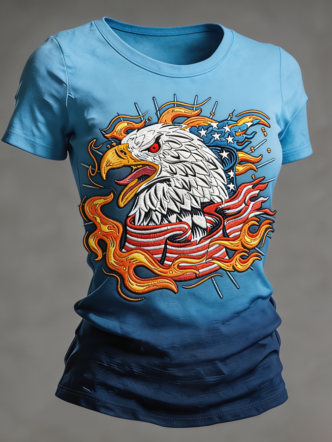 Women's Flame Bald Eagle American Flag Embroidered Gradient T-Shirt