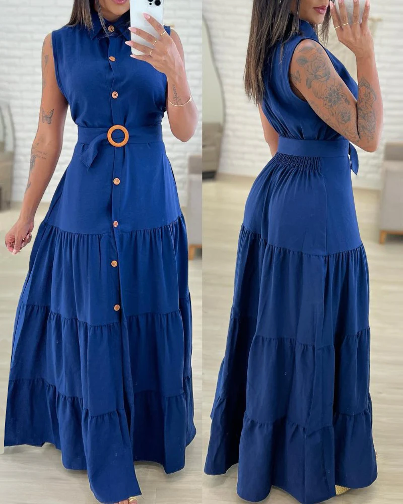 Turn down Collar Sleeveless Button Front Dress Casual Belted Slit Ruched Maxi Dress