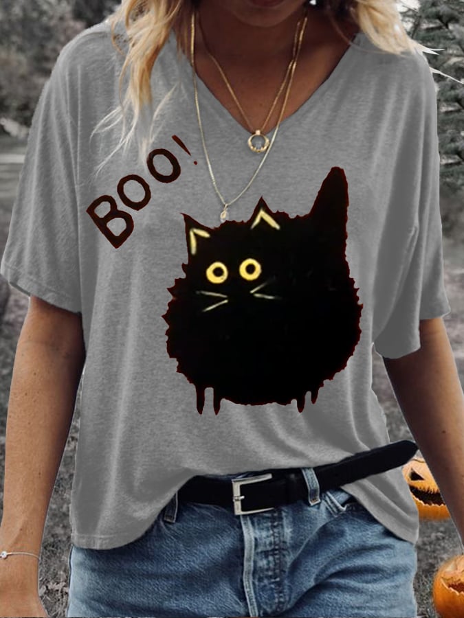Women's Funny Cute Halloween Black Cat Boo! Print Casual V-Neck Tee