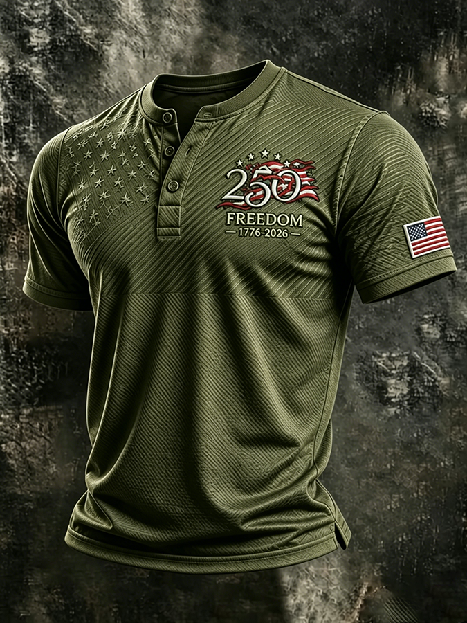 Men'S 250th Anniversary of the United States Print Casual Henry Collar Top