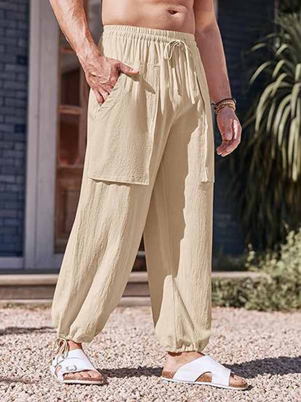 Men's Casual Slant Pocket Elastic Waist Drawstring Cotton Linen Loose Pants