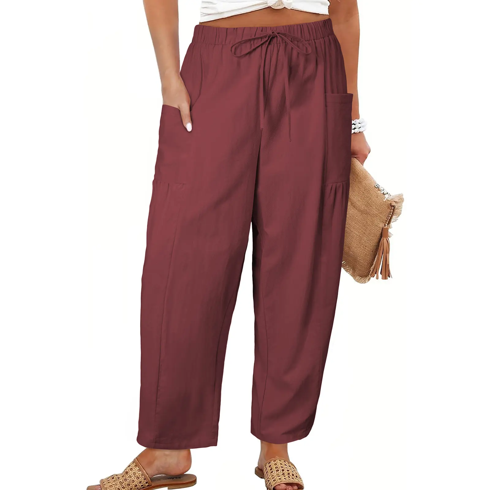 Women's Plus-Size Wide-Leg Pants — Pure Cotton Loungewear with Pockets