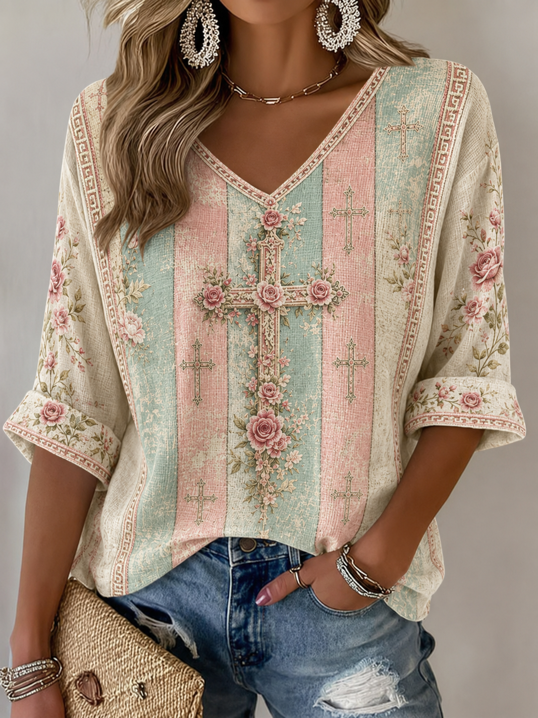Women'S Casual Floral Cross Print V-Neck T-Shirt