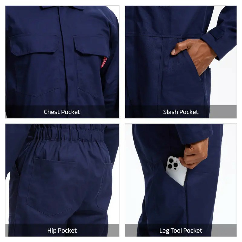 Men's 100% Cotton Workwear. It features long sleeves, durable twill fabric, multiple pockets for storage, and is suitable for both casual and work scenarios.