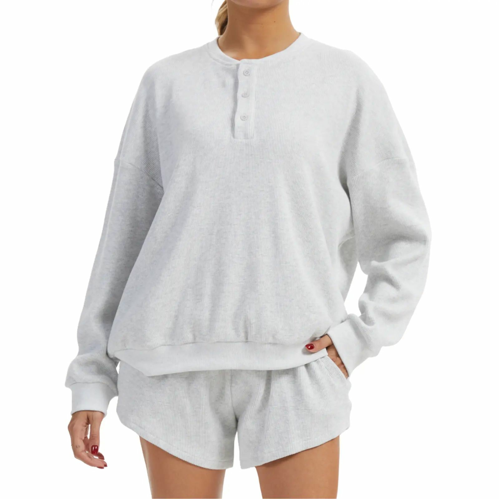 Women's Oversized Waffle Knit Lounge Set – Long Sleeve Henley Sweatshirt and High Waisted Shorts 2 Piece Casual Outfit Summervibes