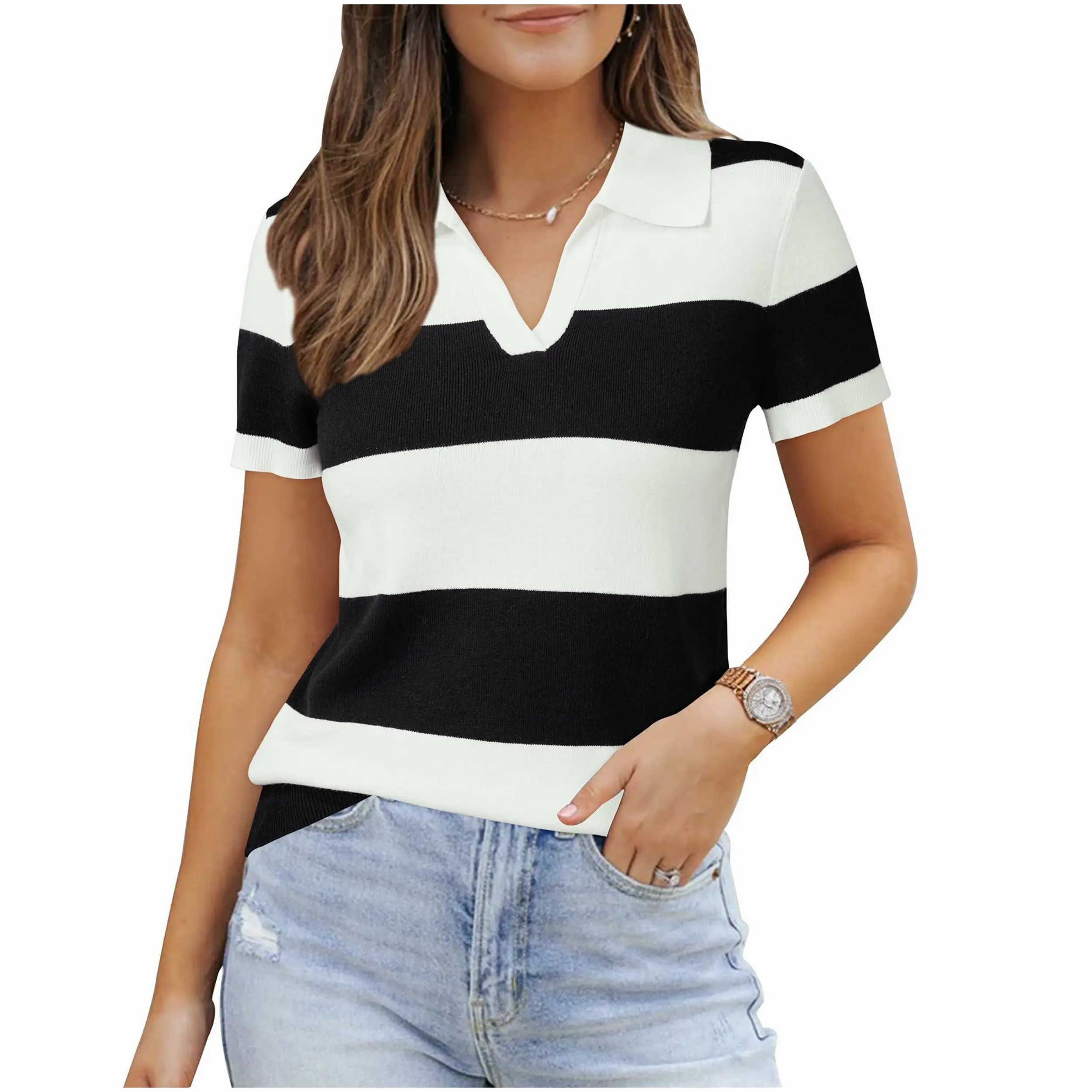 Women's Wool Blend Short Sleeve Polo Shirt – Soft Business Casual Summer Sweater Top