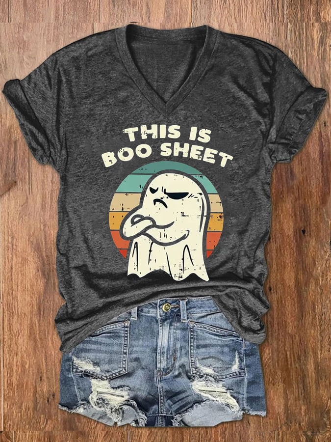Women's This Is Boo Sheet Funny Halloween Ghost V-Neck Tee