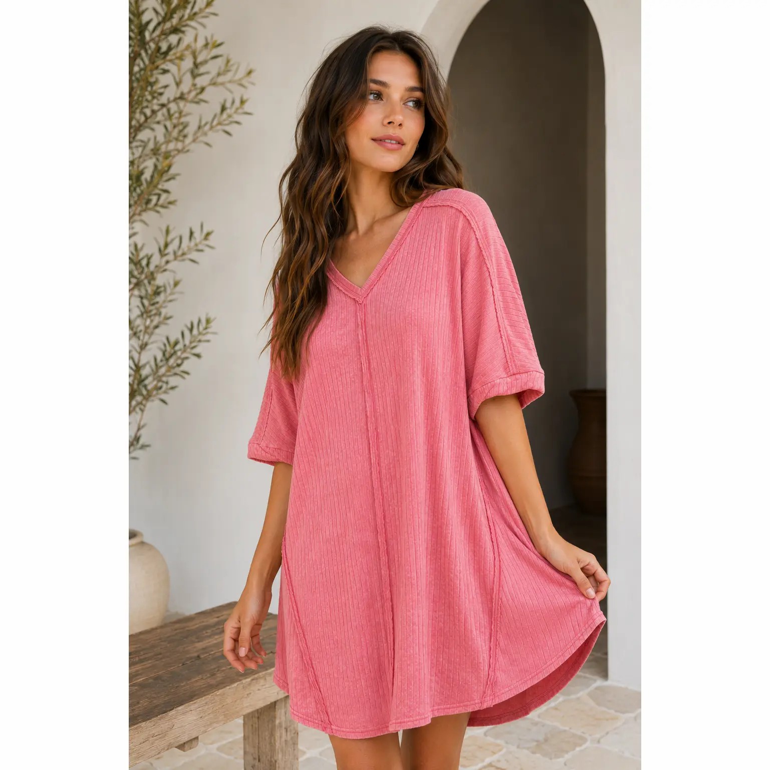 🌸 Ribbed Acid-Washed Casual Midi Dress